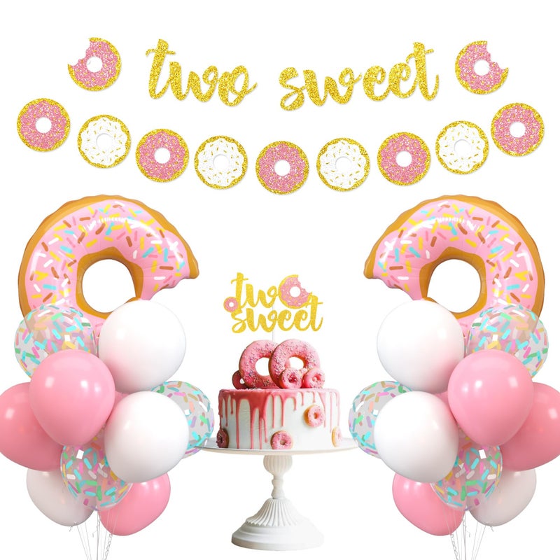 Levfla Two Sweet Donut Party Decoration Baby Second Birthday Glitter Doughnut Banner Cake Topper Sprinkles Balloons Kids Party Favor Ideas Supplies - Image 1
